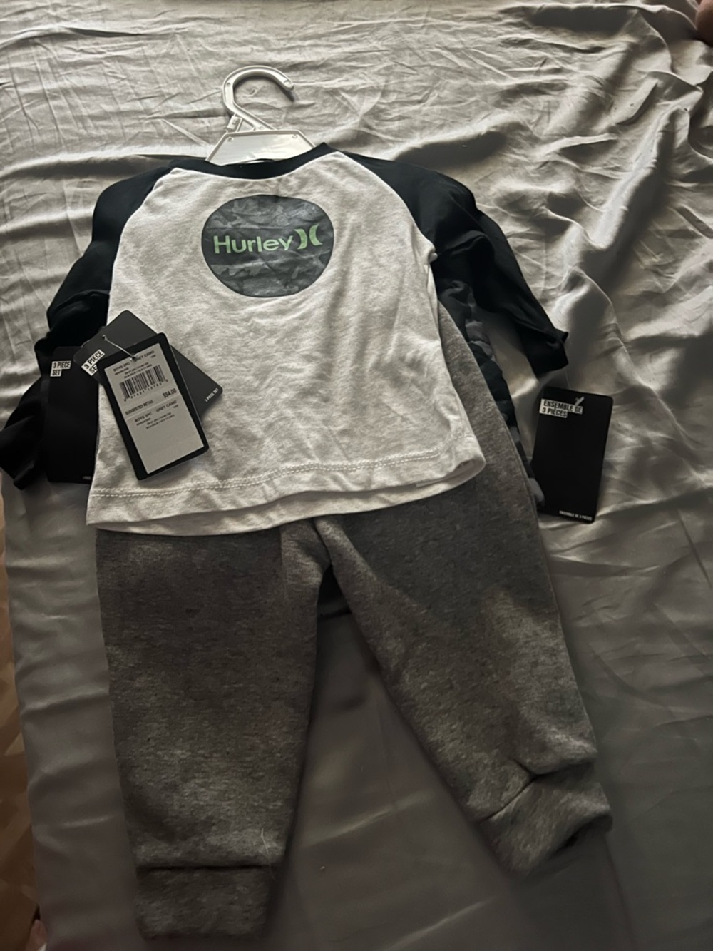 Hurley Toddler Gray and Black Jogger 3pc Set - Logo Top with Heather Gray Pants